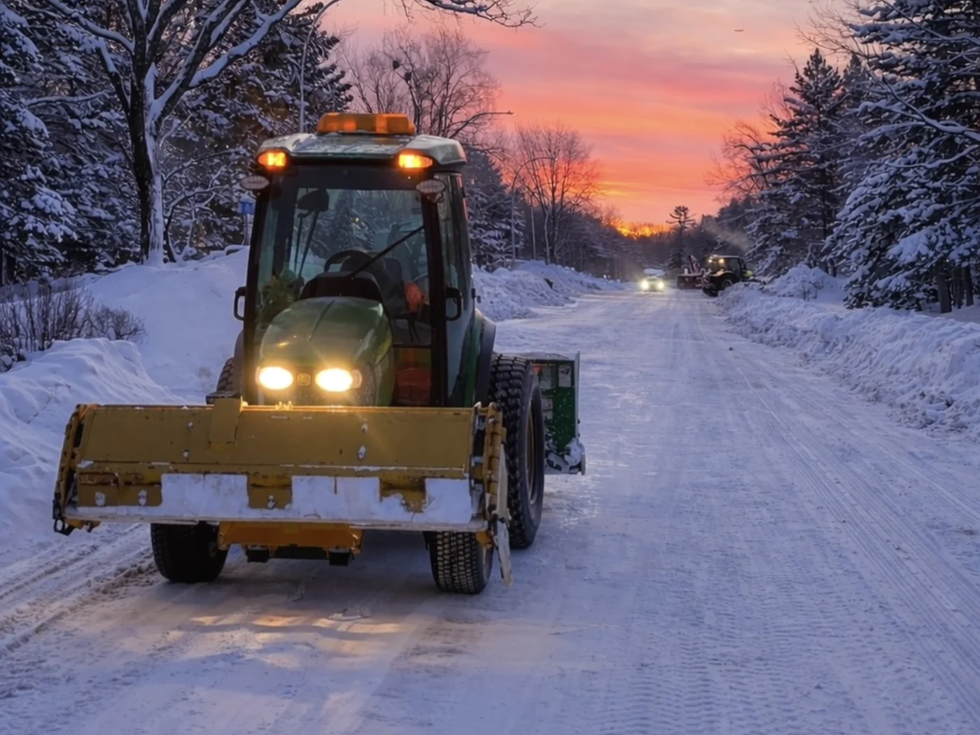 Tracteur de déneigement résidentiel sur une rue enneigée